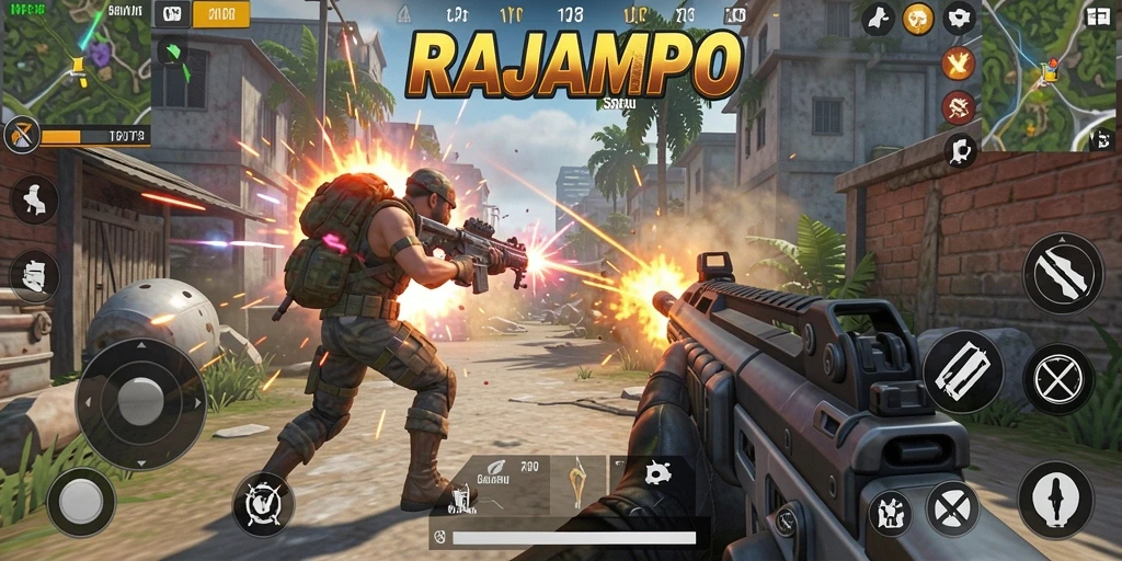 Screenshot utama RAJAMPO menampilkan aksi seru dalam pertempuran TPS.
